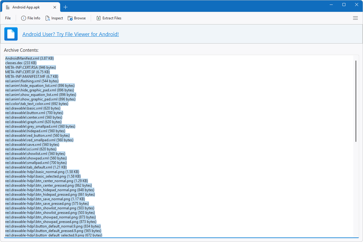 The contents of an APK file displayed in File Viewer Plus 4