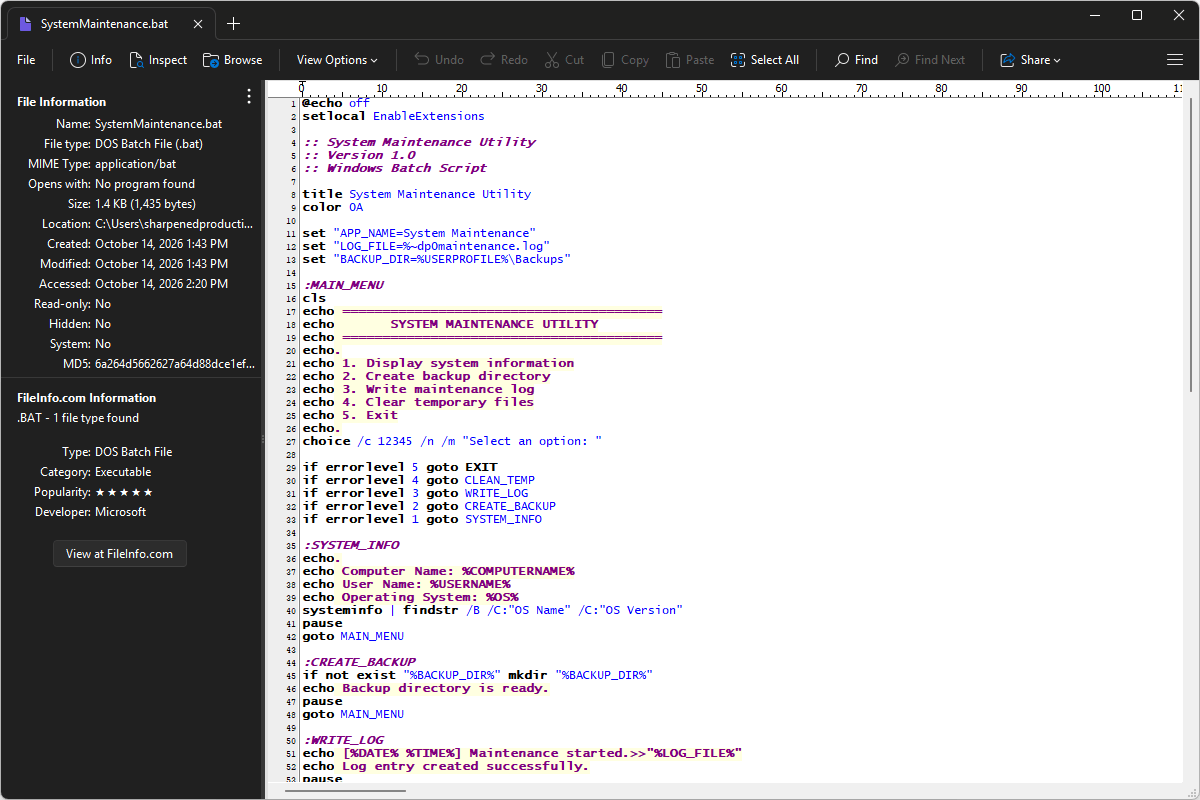 BAT file open in File Viewer Plus 6