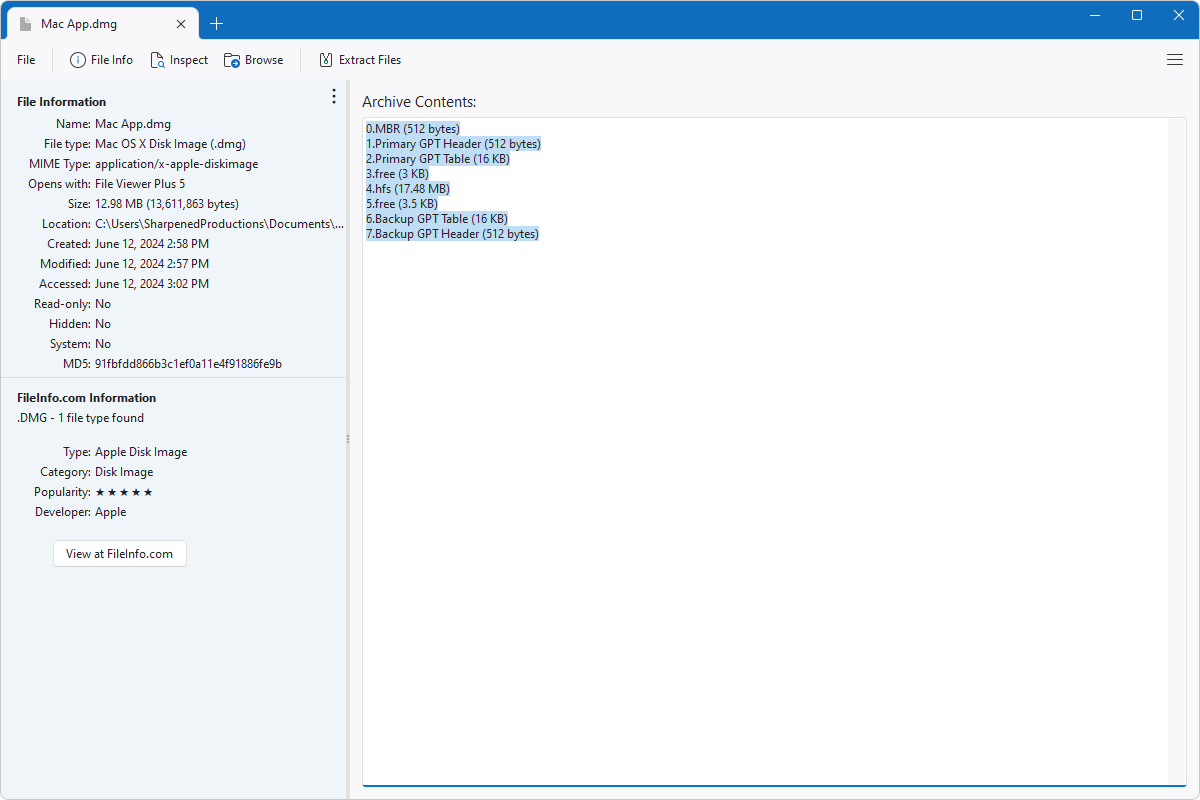 DMG file open in File Viewer Plus 5