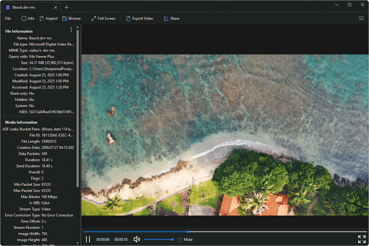 DVR-MS file open in File Viewer Plus 6