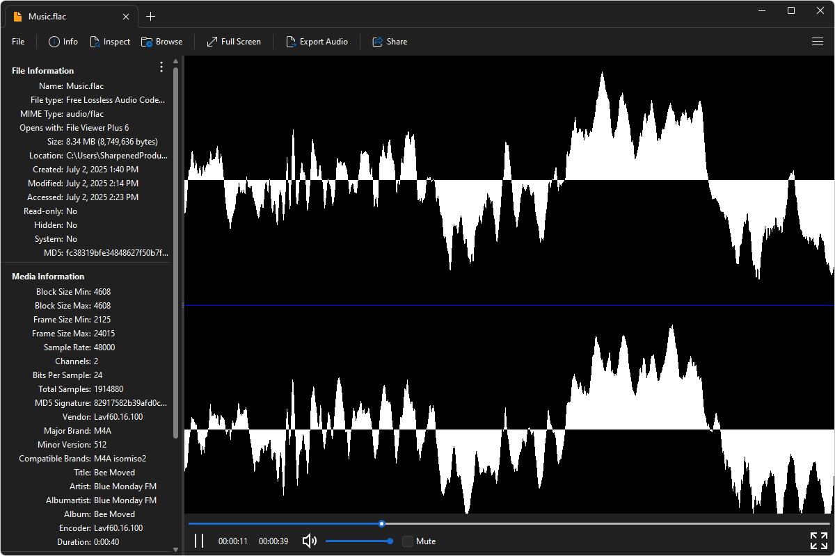 FLAC file open in File Viewer Plus 6