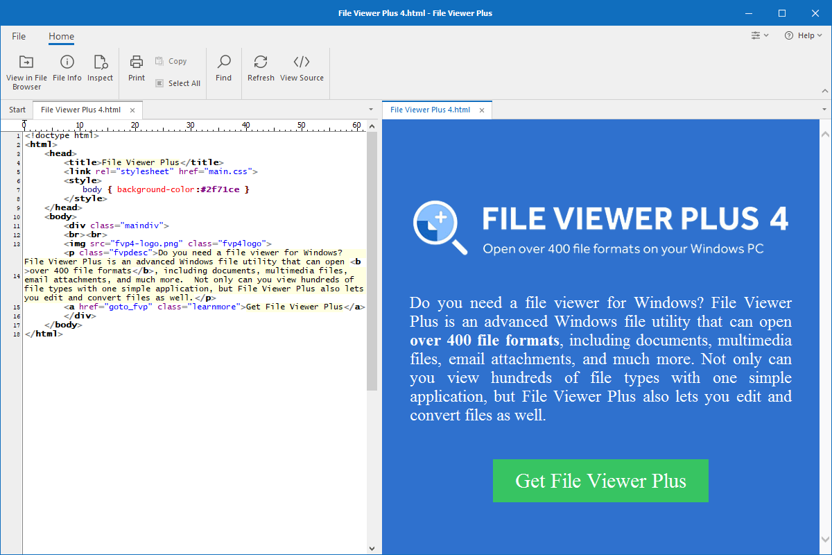 HTML file open in File Viewer Plus 4