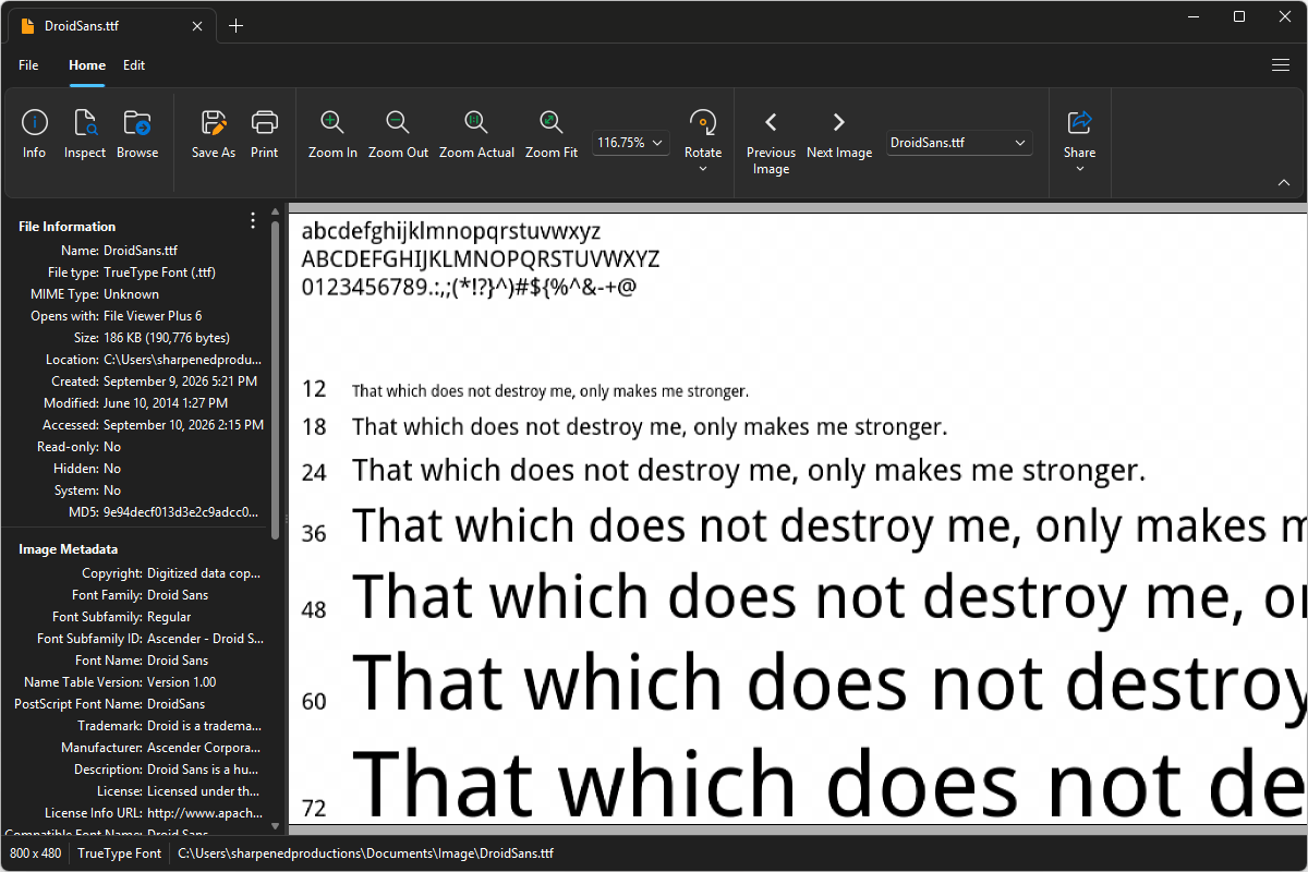 TTF file open in File Viewer Plus 6