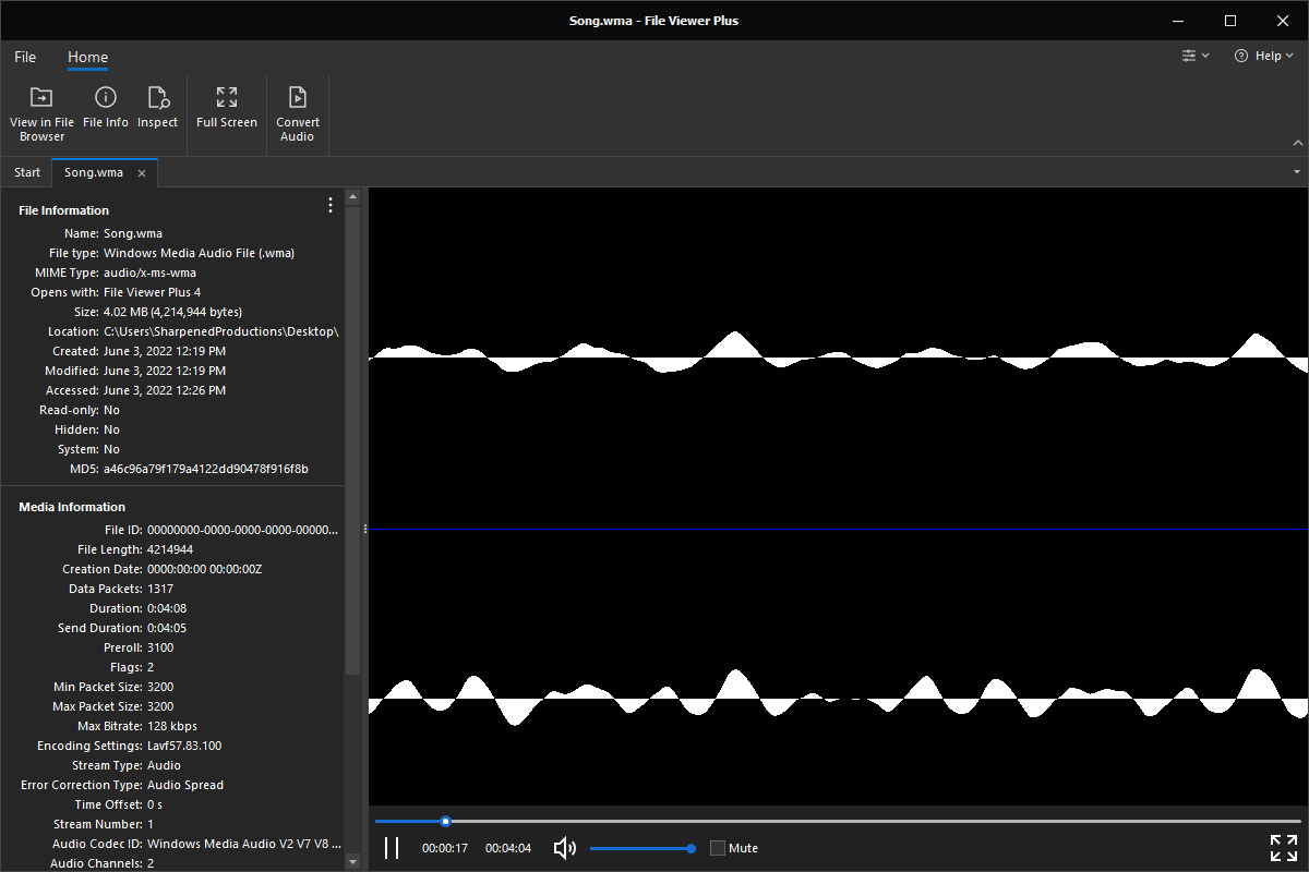 WMA file open in File Viewer Plus 4