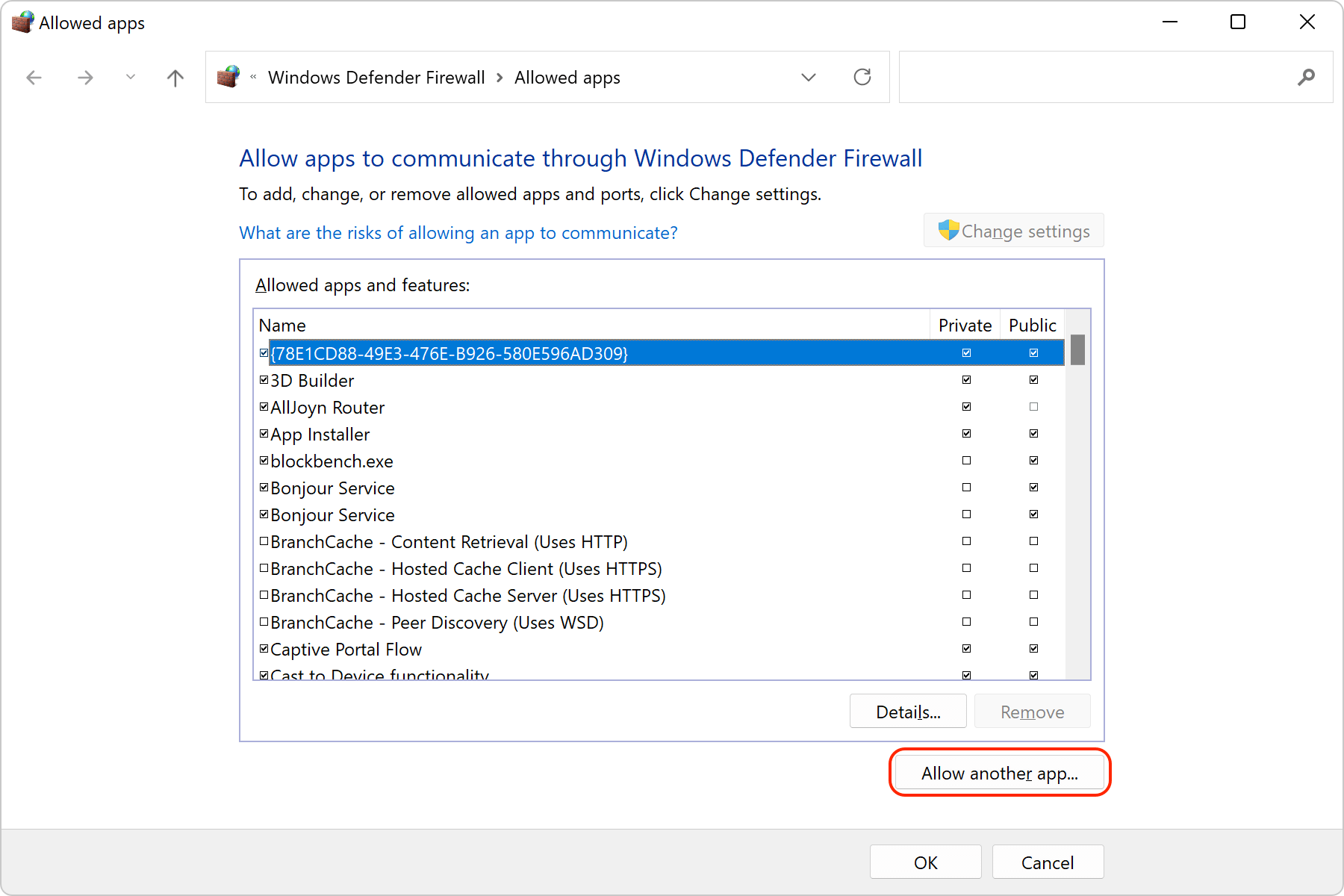 Windows Firewall Allow Another App