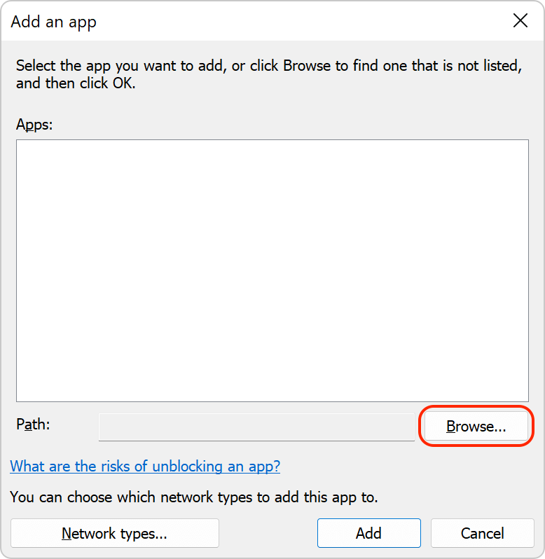 Windows Firewall Exception Browse